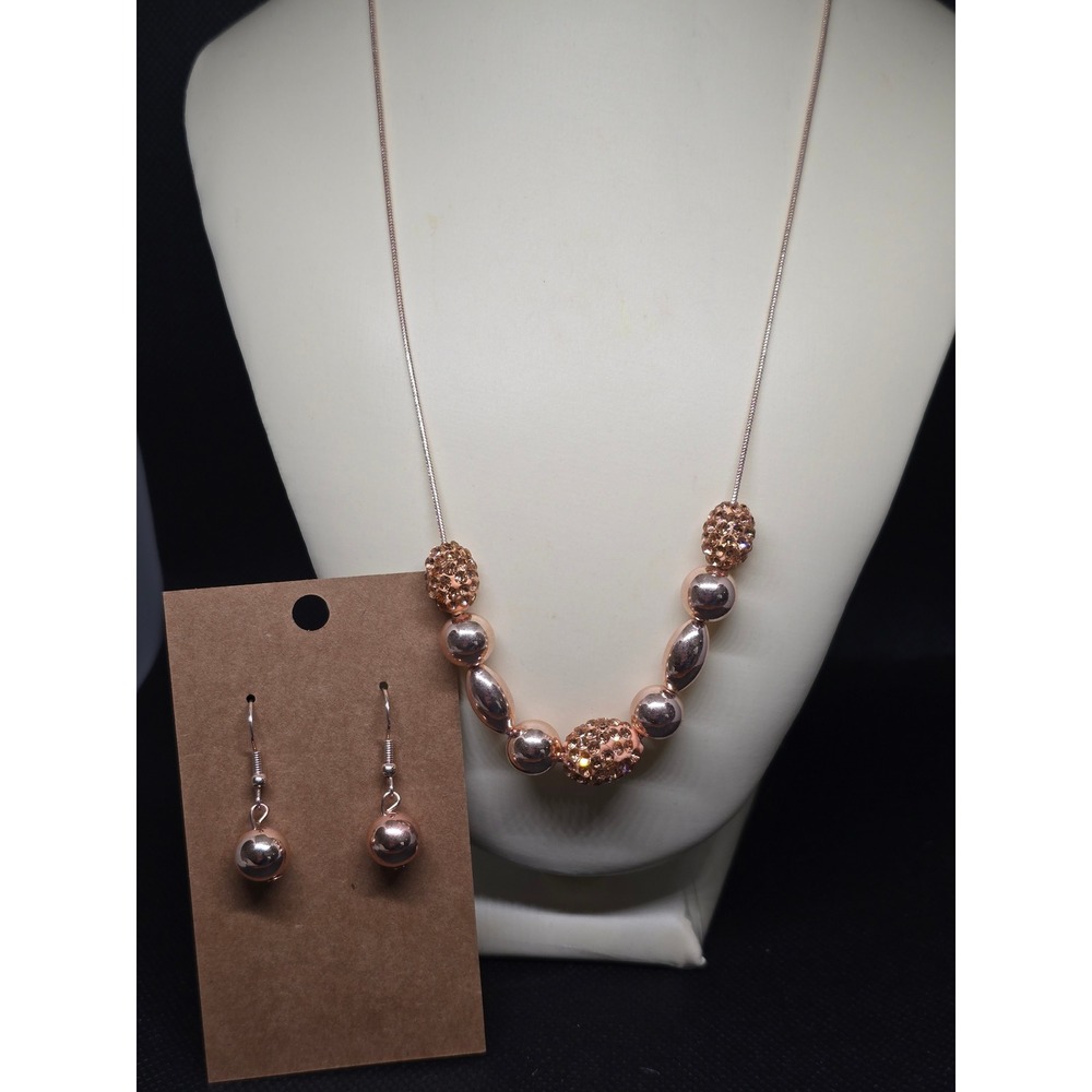 Rose Gold Tone Pave Crystal Disco Ball Bead Necklace and Earring Set